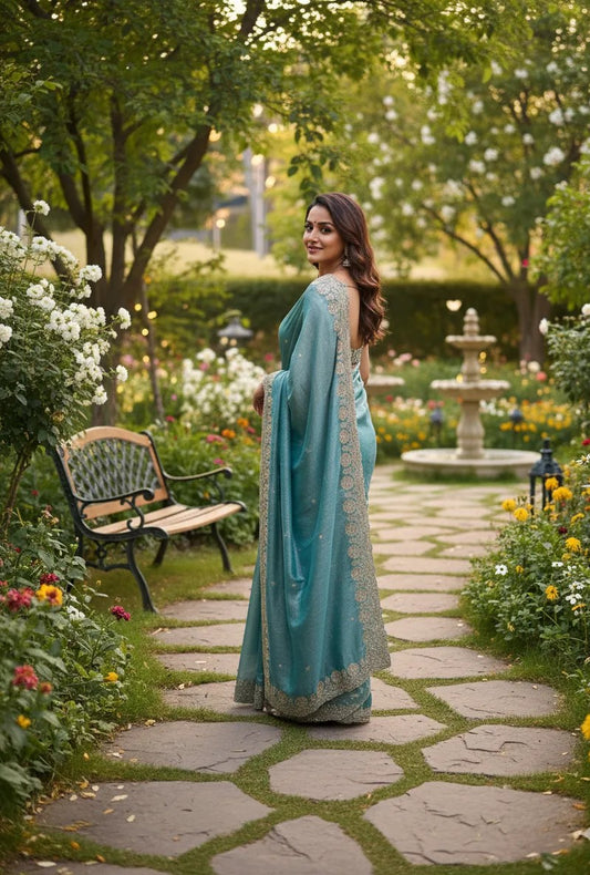 Beautiful woman wearing a stylish siffon saree with soft, flowy fabric and elegant design, perfect for festive and party occasions.