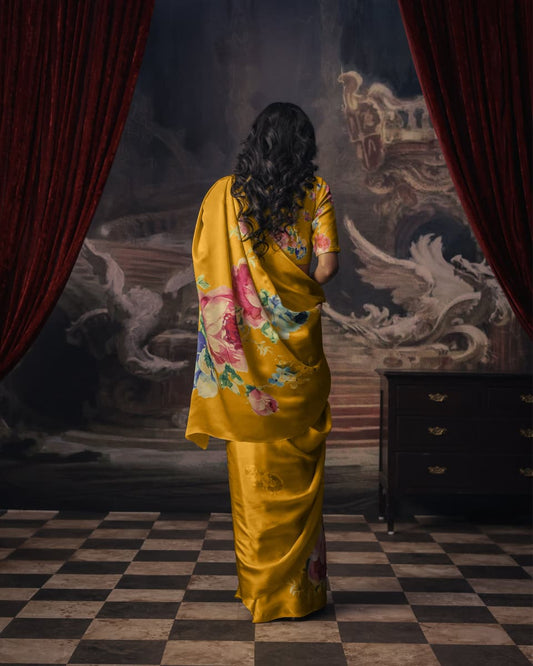 Yellow Japan Satin Saree with Floral Print | Buy Online