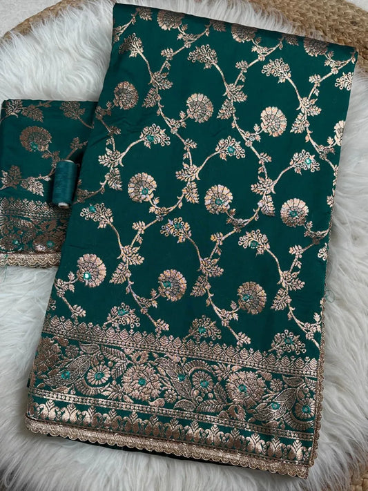 Green Banarasi silk saree with zari embroidery and stone embellishments