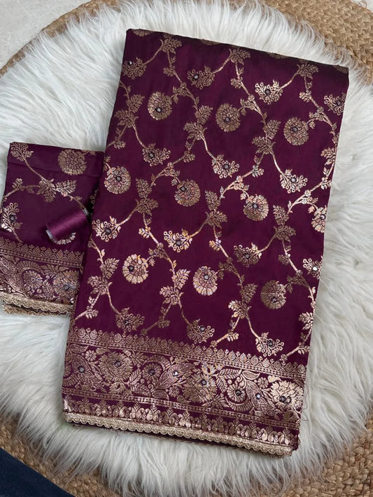 Maroon Banarasi silk saree with golden floral zari embroidery and rich border