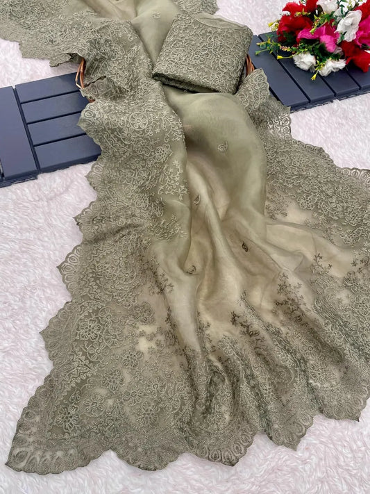 Sage green organza saree with embroidered blouse design featuring intricate lacework and elegant interior setting