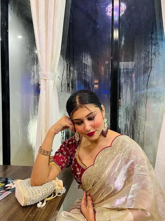 Golden beige designer saree with embroidered maroon blouse and organza dupatta for wedding and party wear