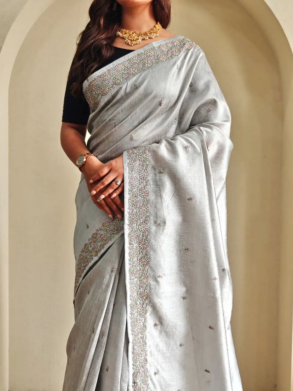 Elegant Silver Tussar Saree with Embroidered Border | Shop Now