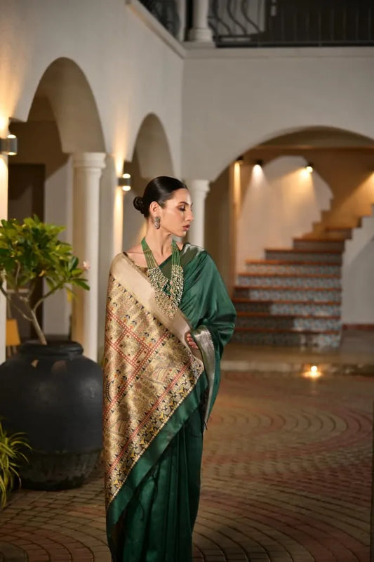 Majestic Emerald Green Tussar Silk Saree with Golden Zari Border - Luxury Bridal Collection