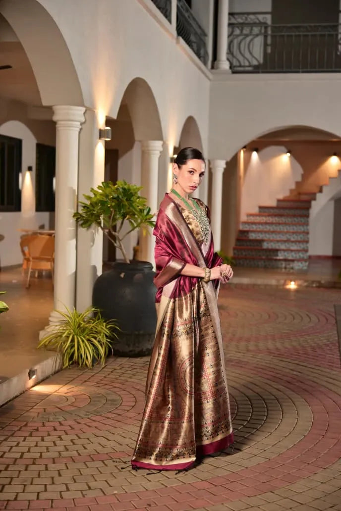 Regal Maroon Tussar Silk Saree with Golden Brocade Pallu Premium Wedding Collection