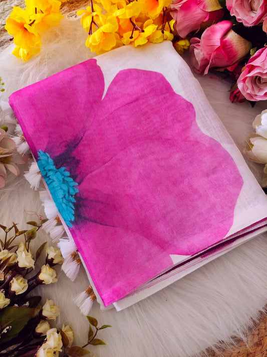 Beautiful woman wearing a stylish linen digital print saree with vibrant floral design