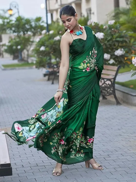 New Designer Original Japan Satin Green Saree With Digital Print