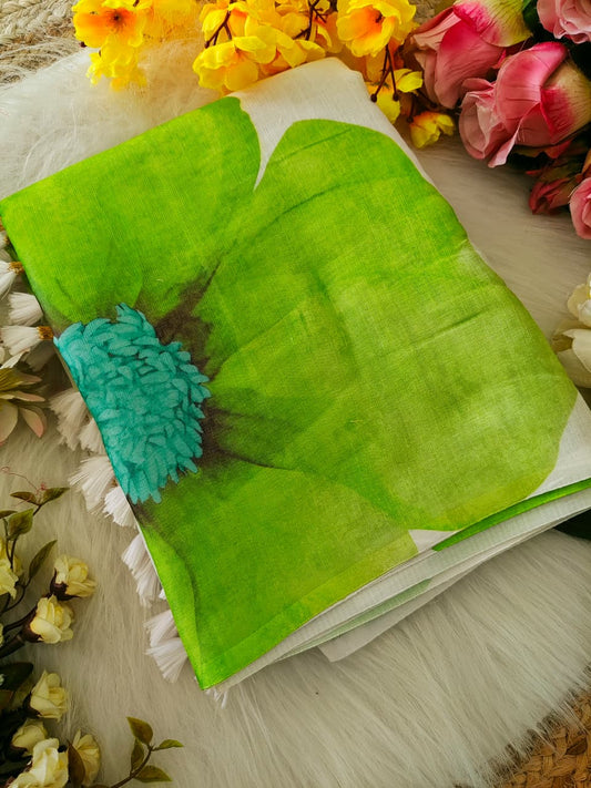 Beautiful woman wearing a stylish linen digital print saree with vibrant floral design