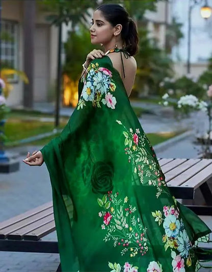 New Designer Original Japan Satin Green Saree With Digital Print