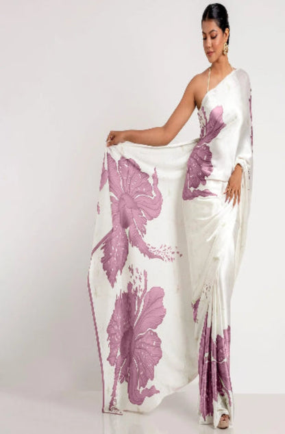 Lavender Floral Digital Printed Japan Satin Saree