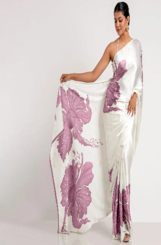 Lavender Floral Digital Printed Japan Satin Saree