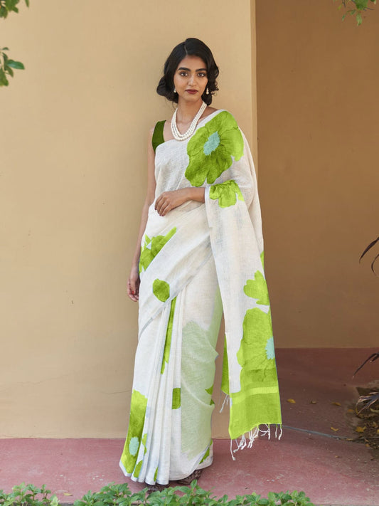 Beautiful woman wearing a stylish linen digital print saree with vibrant floral design