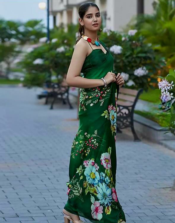 New Designer Original Japan Satin Green Saree With Digital Print
