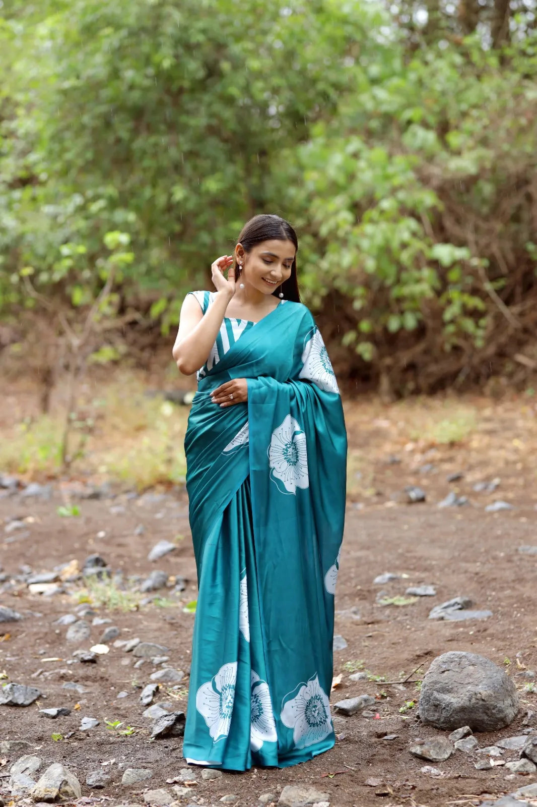 Buy Japan Satin Saree teal green and white floral saree