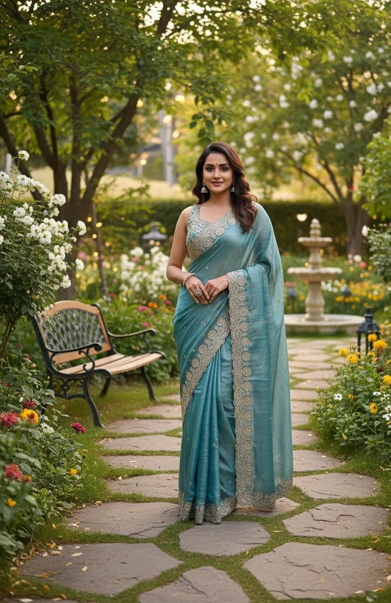 Beautiful woman wearing a stylish siffon saree with soft, flowy fabric and elegant design, perfect for festive and party occasions.