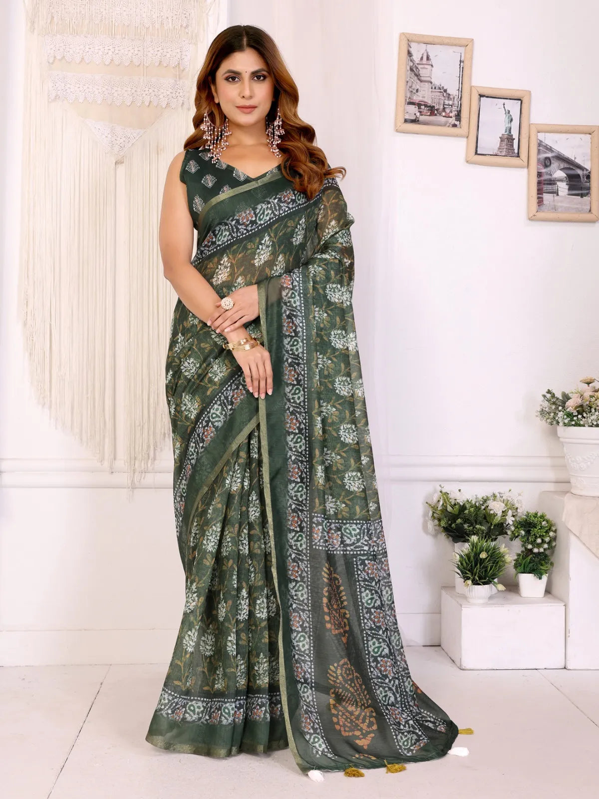 Green woven cotton silk saree with blouse piece