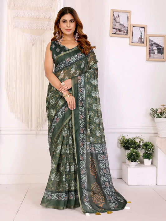 Green woven cotton silk saree with blouse piece