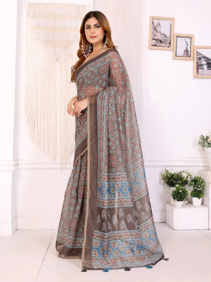 Brown Woven Cotton Saree with Digital Leaf Print