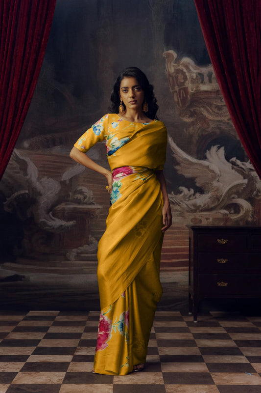 Yellow Japan Satin Saree with Floral Print | Buy Online