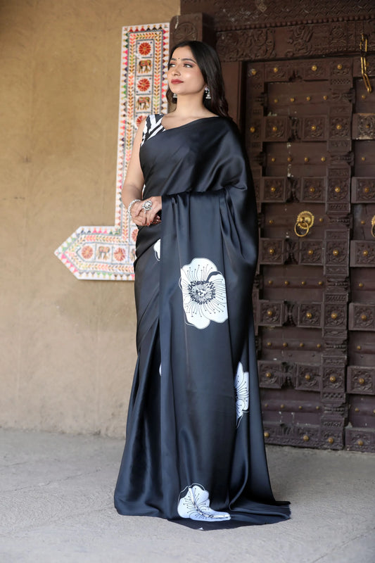 Digital Print Japan Satin Saree with Matching Blouse