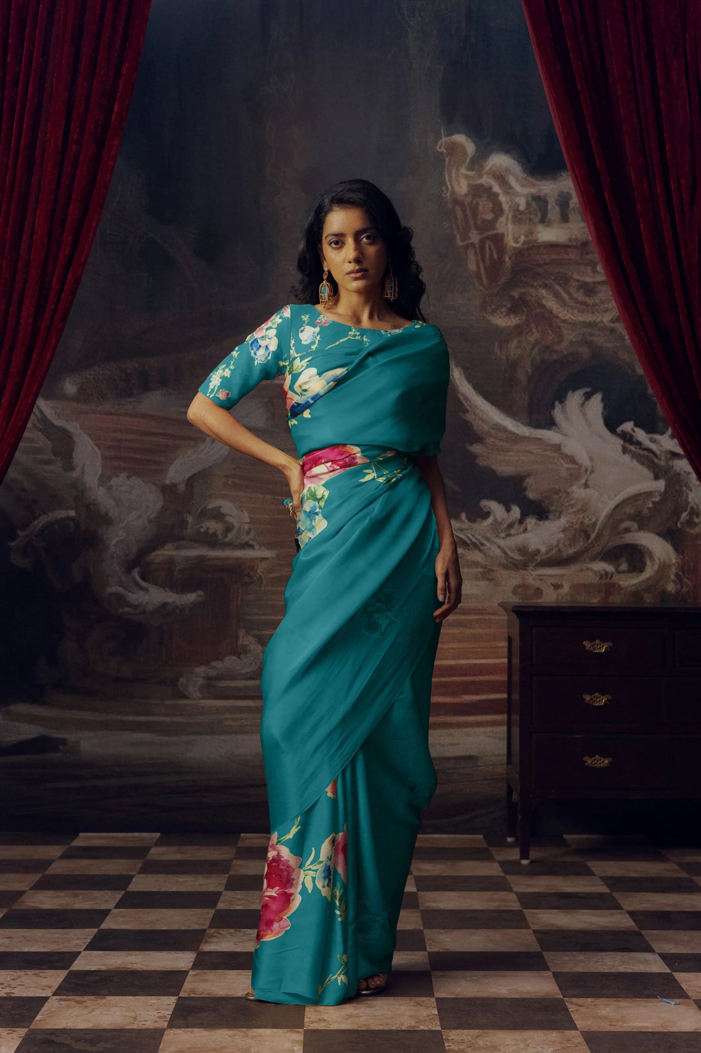 Blue Japan Satin Saree with Floral Print | Buy Online