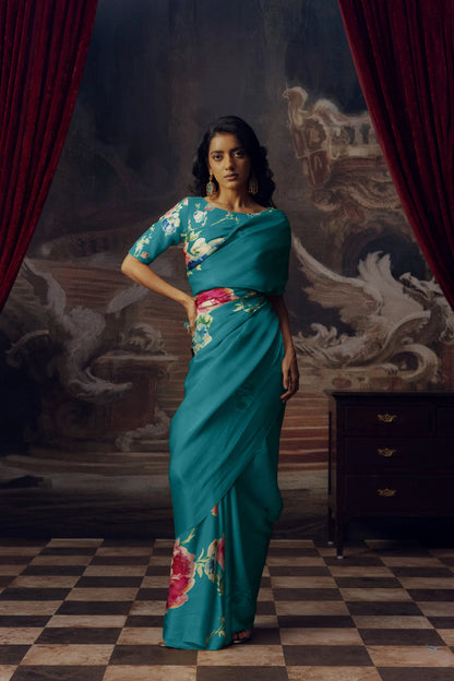 Blue Japan Satin Saree with Floral Print | Buy Online