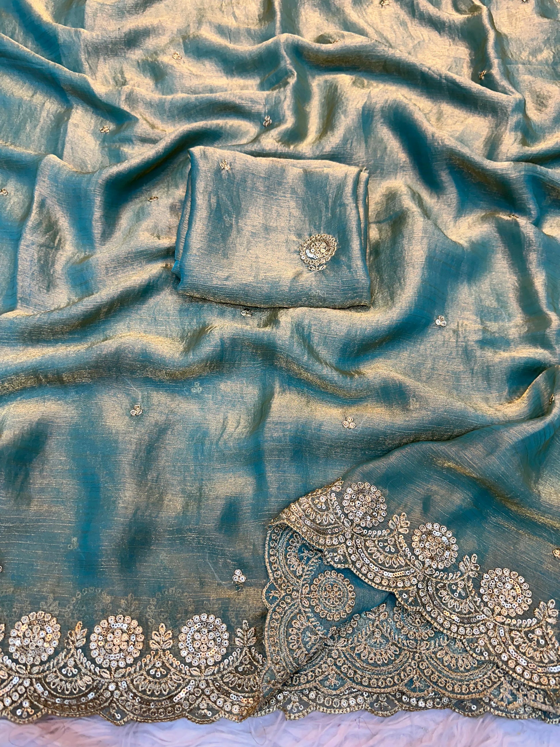 Beautiful woman wearing a stylish siffon saree with soft, flowy fabric and elegant design, perfect for festive and party occasions.