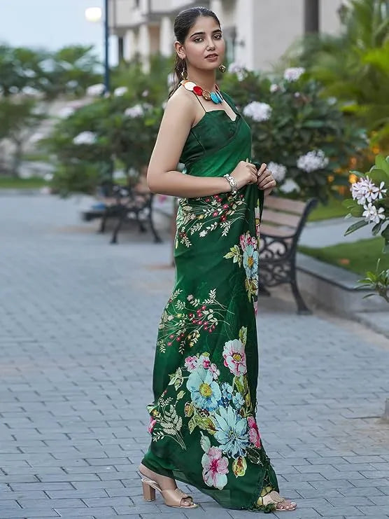New Designer Original Japan Satin Green Saree With Digital Print