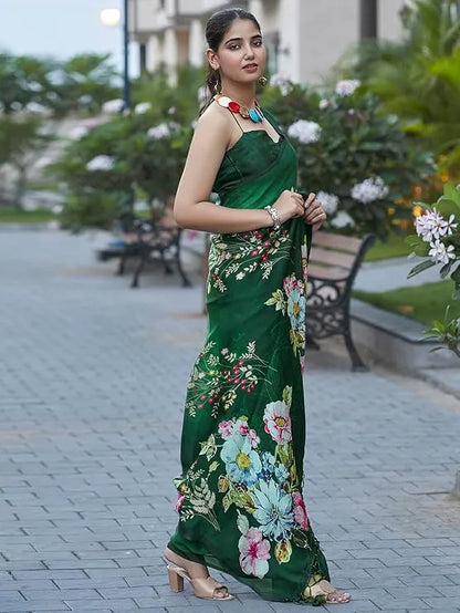 New Designer Original Japan Satin Green Saree With Digital Print