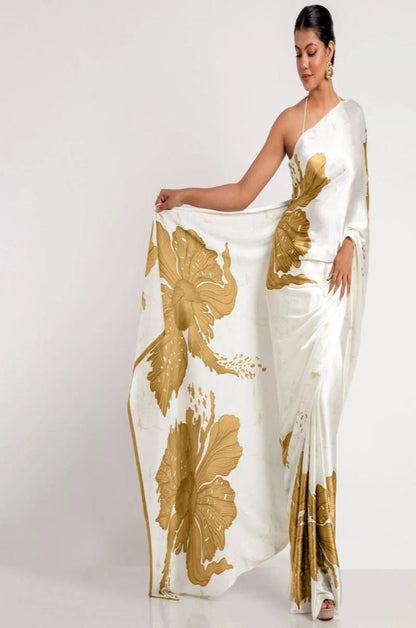 Yellow Floral Digital Printed Japan Satin Saree