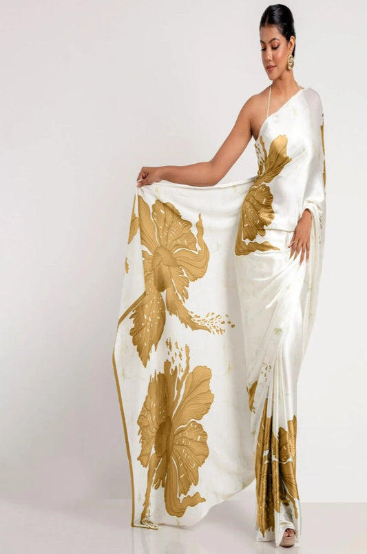 Yellow Floral Digital Printed Japan Satin Saree