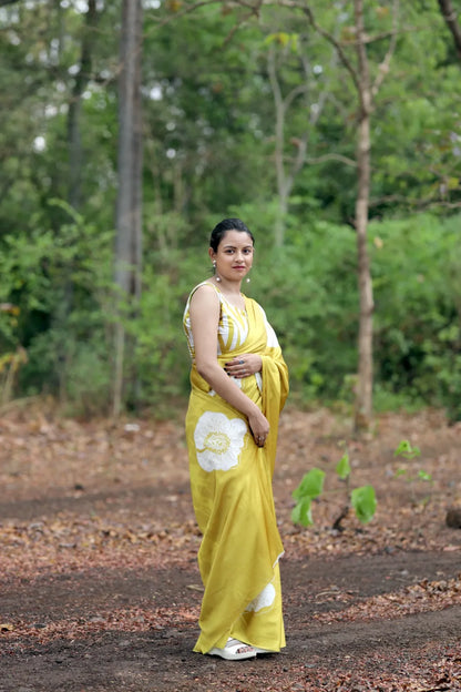 Buy Japan Satin Saree Yellow With white Flower Print