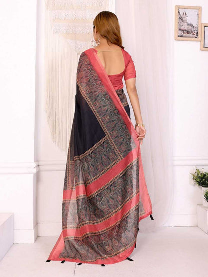 Red Woven Elegant  Chanderi Saree with Digital Leaf Print