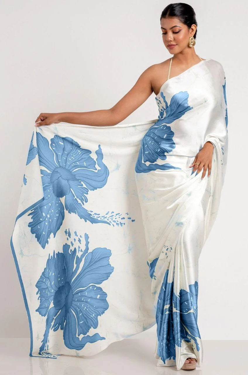 Blue Floral Print Japan Satin Saree