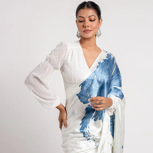Blue Floral Print Japan Satin Saree