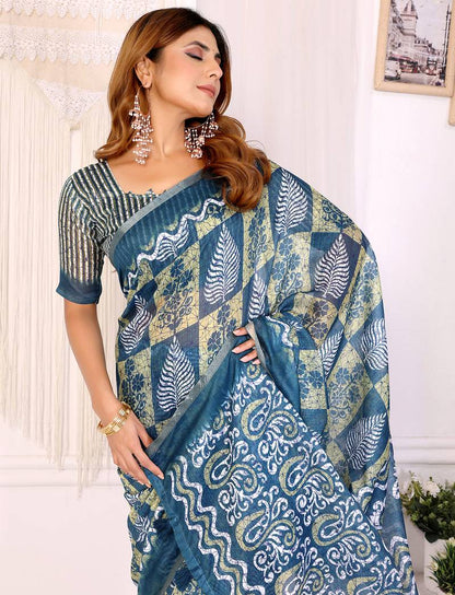 Blue Woven Cotton Saree with Digital Leaf Print