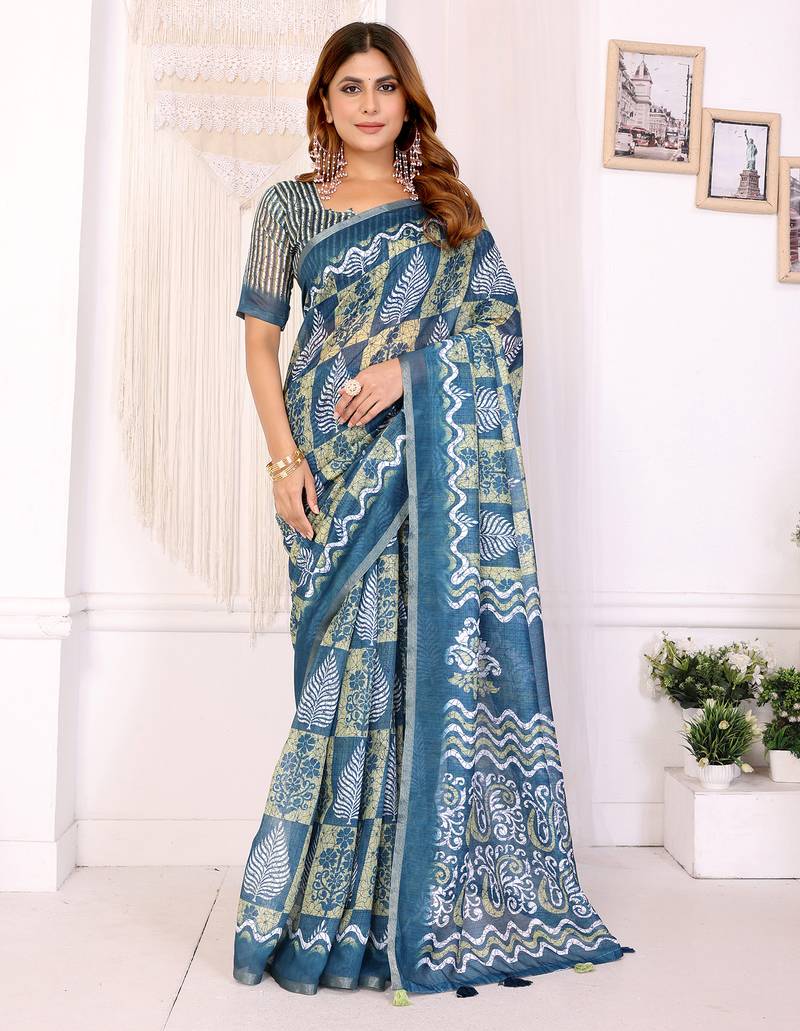 Blue Woven Cotton Saree with Digital Leaf Print