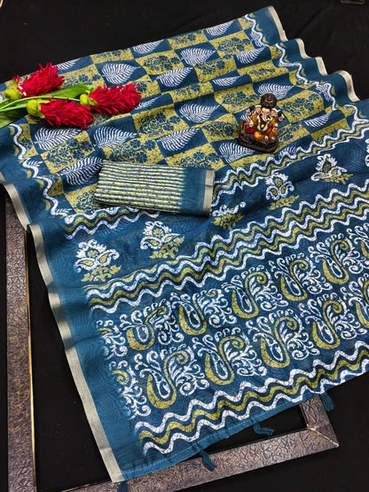 Blue Woven Cotton Saree with Digital Leaf Print