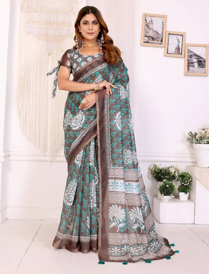 Brown woven cotton silk saree with blouse piece