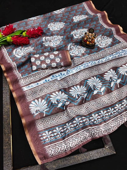 Brown woven cotton silk saree with blouse piece