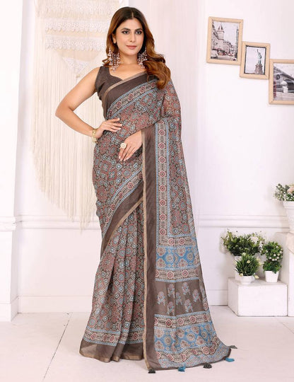 Brown Woven Cotton Saree with Digital Leaf Print