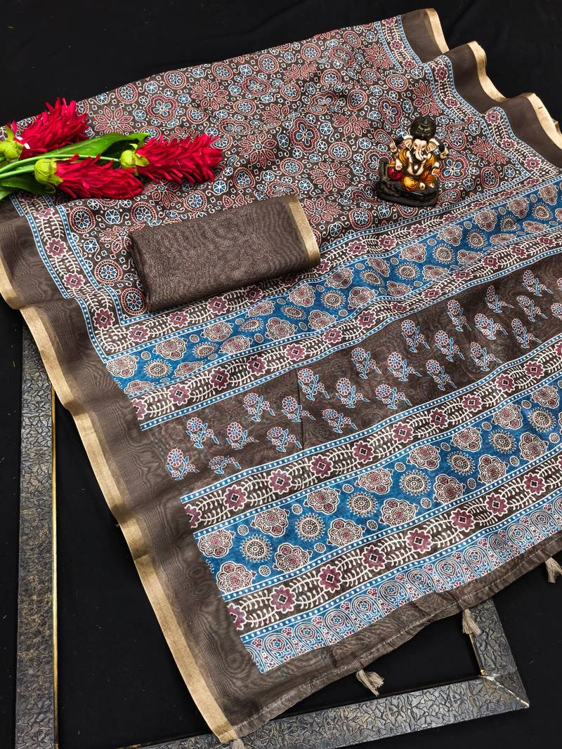Brown Woven Cotton Saree with Digital Leaf Print