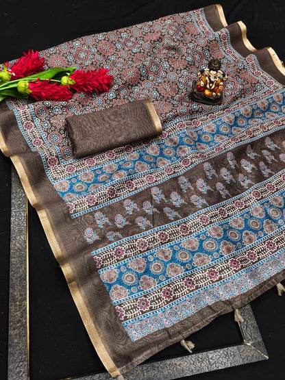Brown Woven Cotton Saree with Digital Leaf Print