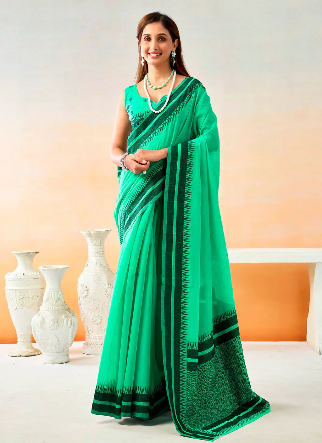 Pure Spun Cotton Handloom Style Temple Weave Border