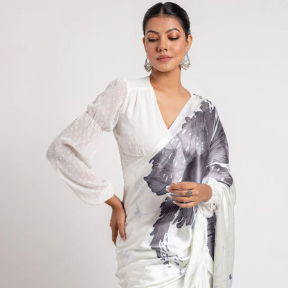 Grey Japan Satin Saree With Floral Print