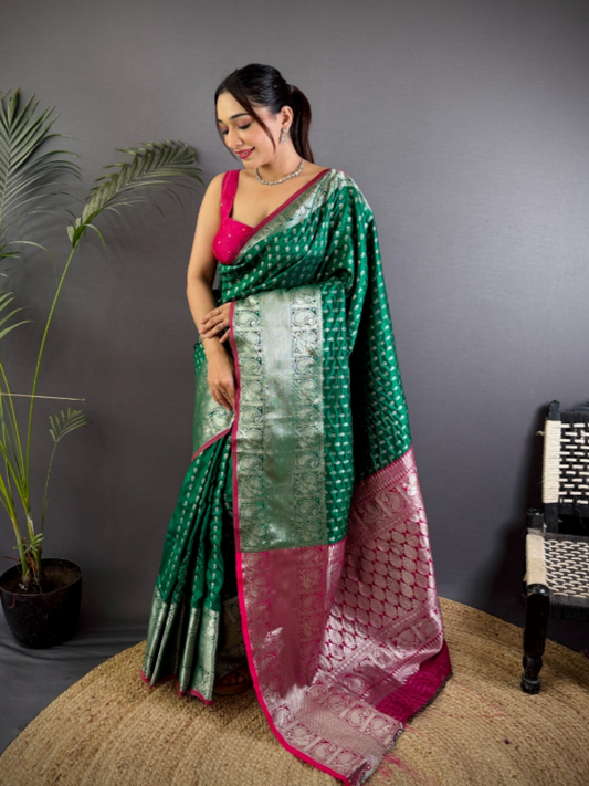 Green Banarasi Silk Saree with Zari Border