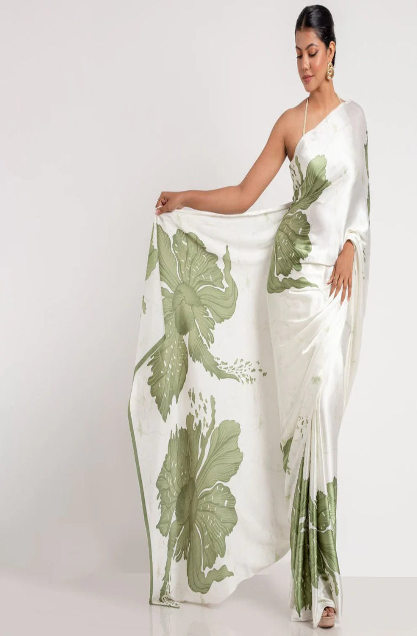Green Floral Digital Printed Japan Satin Saree