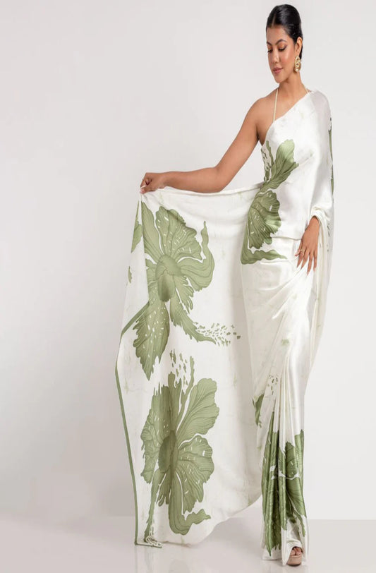 Green Floral Digital Printed Japan Satin Saree