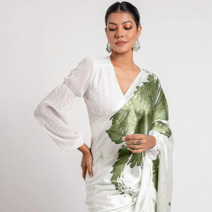 Green Floral Digital Printed Japan Satin Saree