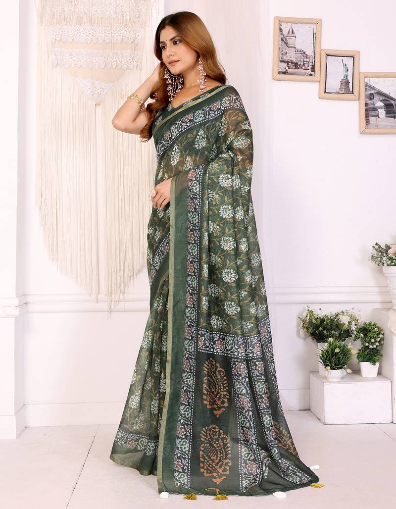 Green woven cotton silk saree with blouse piece